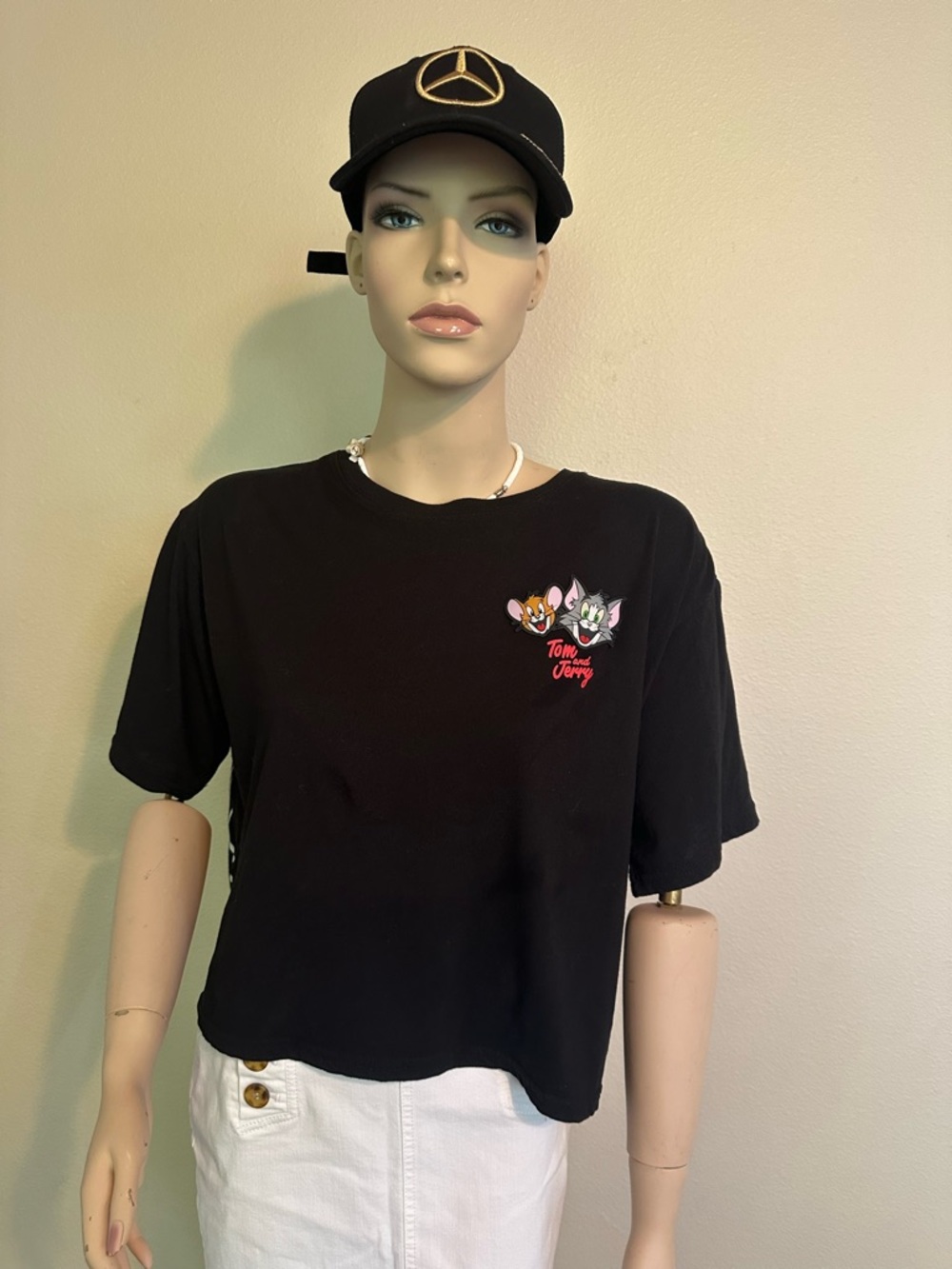 Tom and Jerry Graphic T-Shirt Black Size L (11-13) Warner Bros Crop Top
